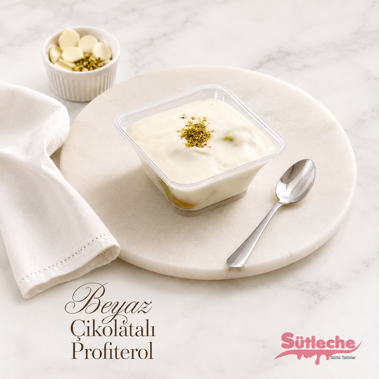 Beyaz Çikolatalı Profiterol (Antep Fıstık Dolgulu)